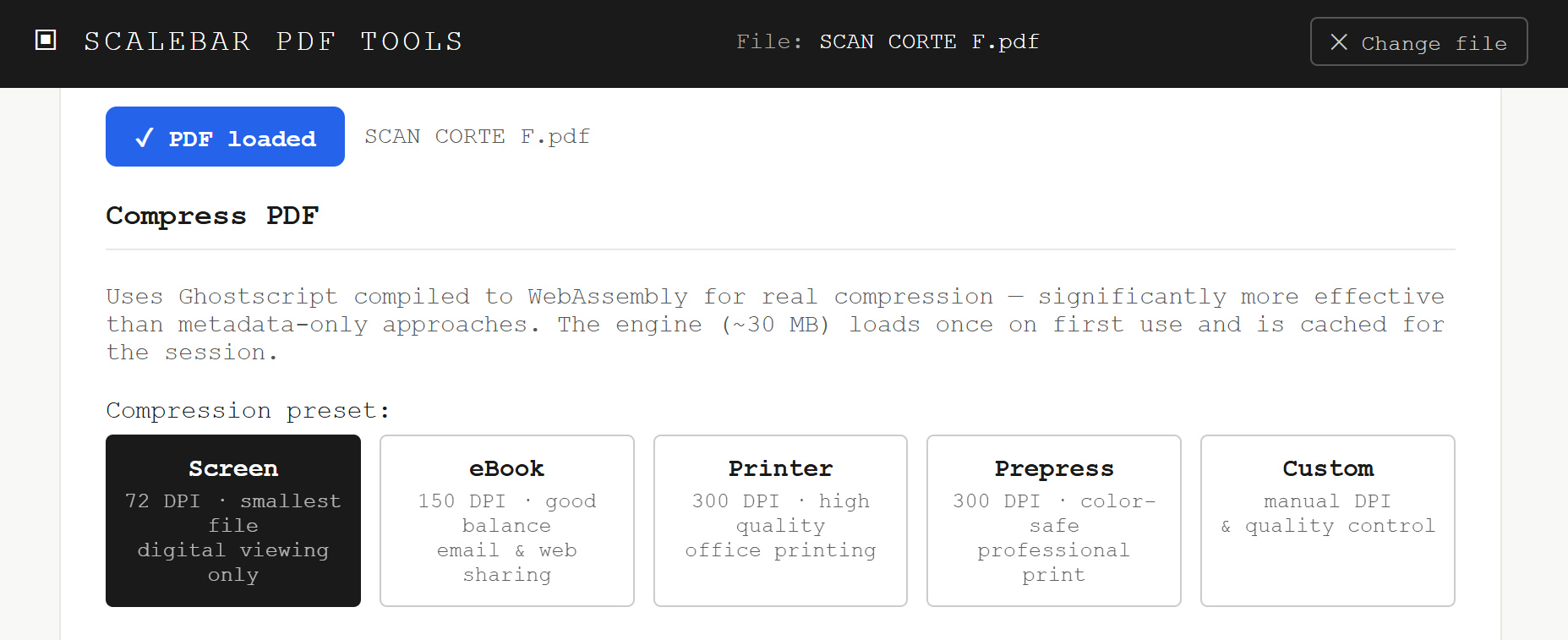 Compress tool panel showing the four presets with Screen, eBook, Printer and Prepress options