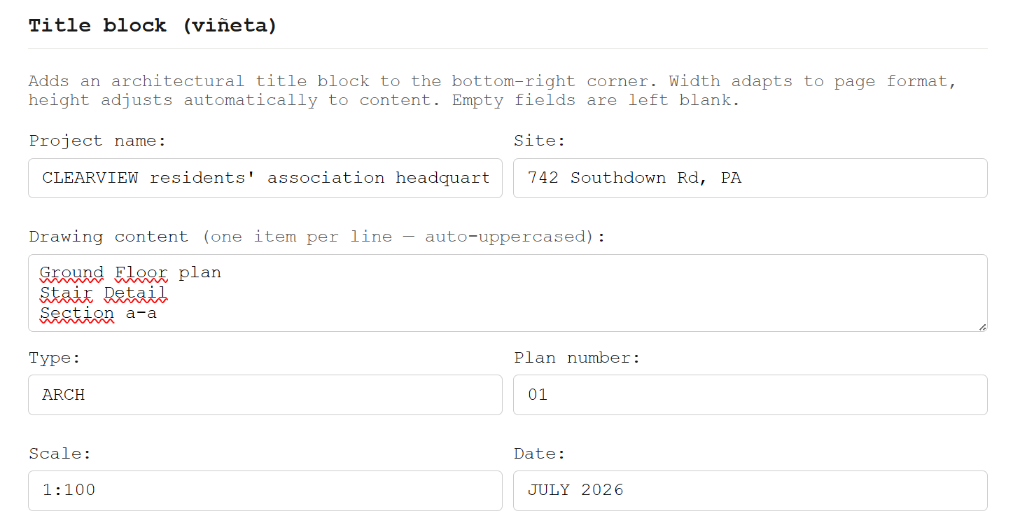 Title block form fields filled in with sample project data