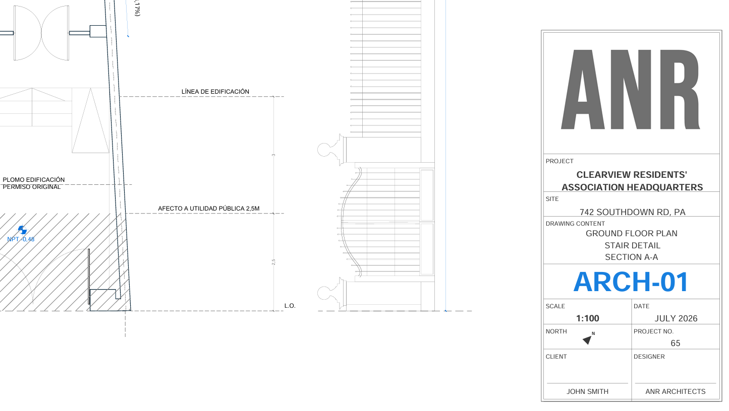 A finished architectural PDF with the title block visible in the bottom-right corner